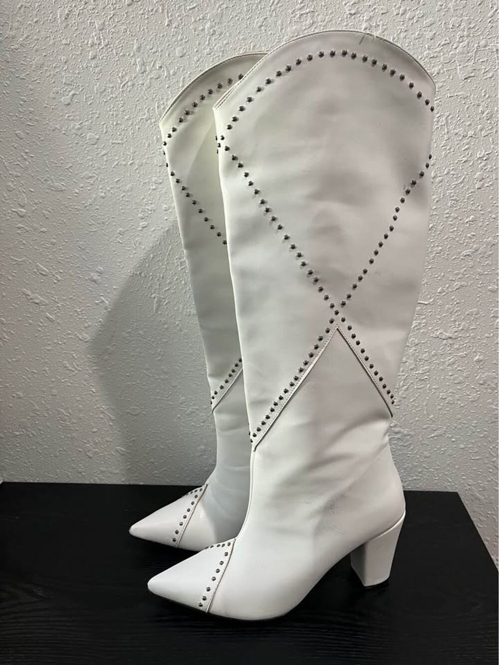 Nasty Gal White Studded Knee High Western Boots